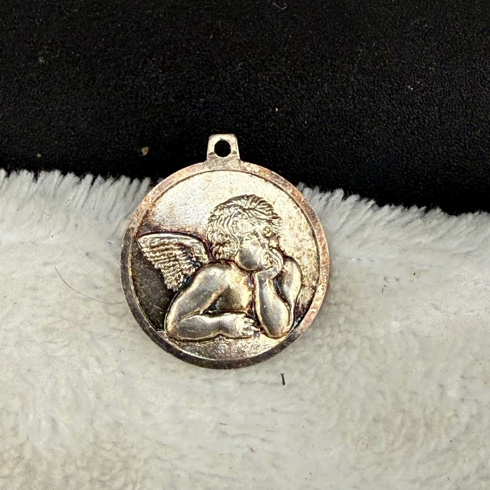 Vintage RM Angel Cherub Pendant Silver 925 Round Religious Medallion